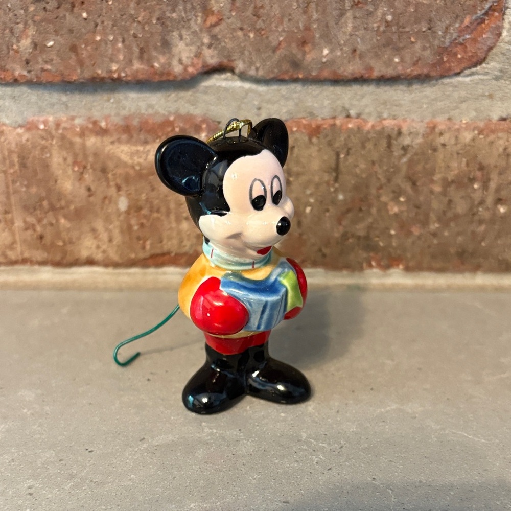 Schmid Glass 1987 Mickey Mouse Ornament with Gift - Red, Black, Blue, Yellow